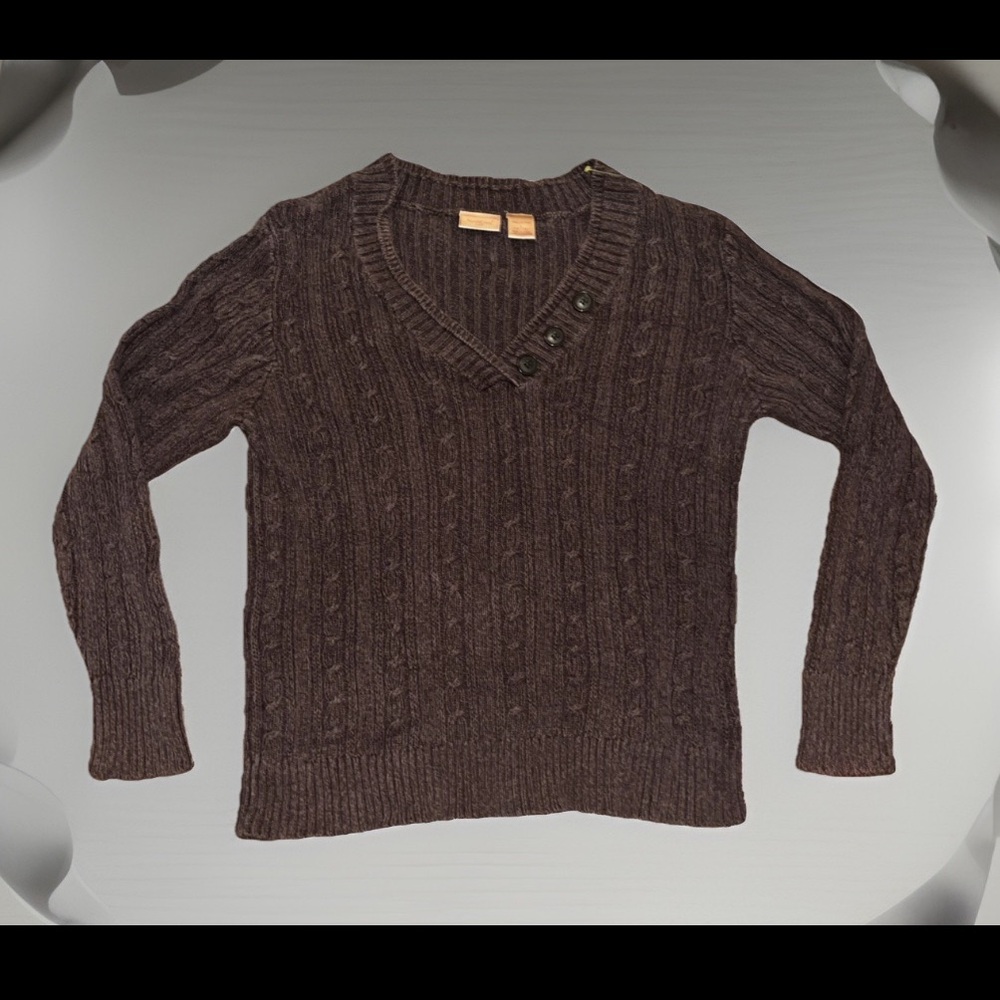 North Crest Chocolate Tight Knit W/Buttons Preppy Academia V-Neck  Sweater